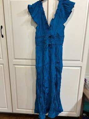 J. Crew Royal Blue V-Neck Ruffled Maxi Dress